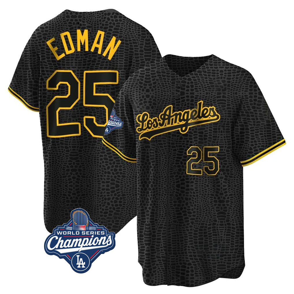 Yuxns LA.Dodgers #25 Tommy Edman Player Black World Series Meet Snake Skin City Game Home Stitched Jerseys