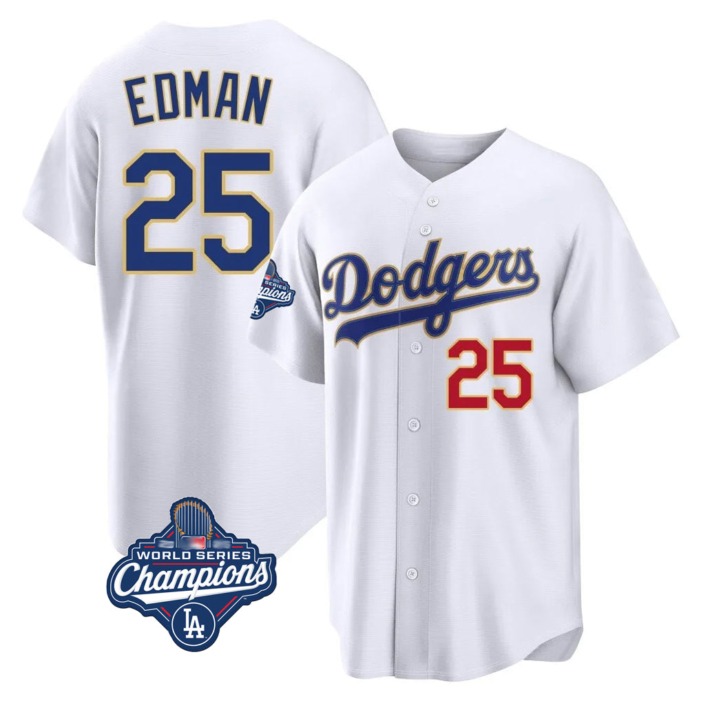Yuxns LA.Dodgers #25 Tommy Edman Player Gold White World Series Meet 2026 Collection Stadium Limited Stitched Jerseys