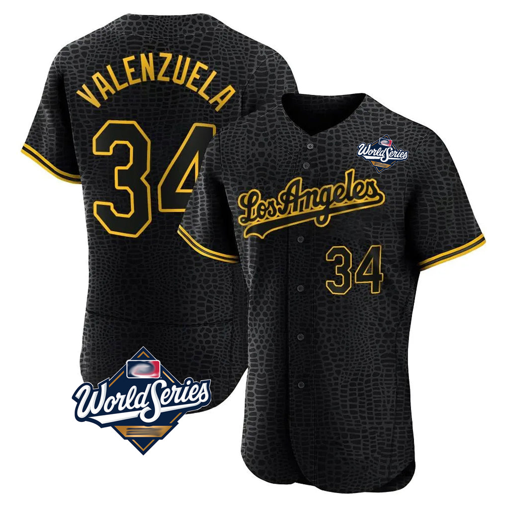 Yuxns LA.Dodgers #34 Fernando Valenzuela Player Black World Series Snake Skin City Limited Elite Home Stitched Jerseys