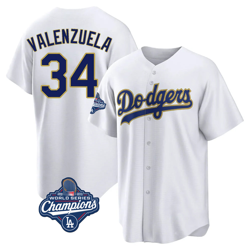 Yuxns LA.Dodgers #34 Fernando Valenzuela Player Gold White World Series Meet 2026 Collection Stadium Game Stitched Jerseys