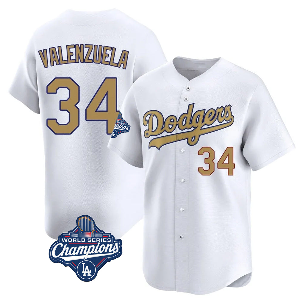 Yuxns LA.Dodgers #34 Fernando Valenzuela Player Gold World Series Meet Collection Limited Home Stitched Jerseys