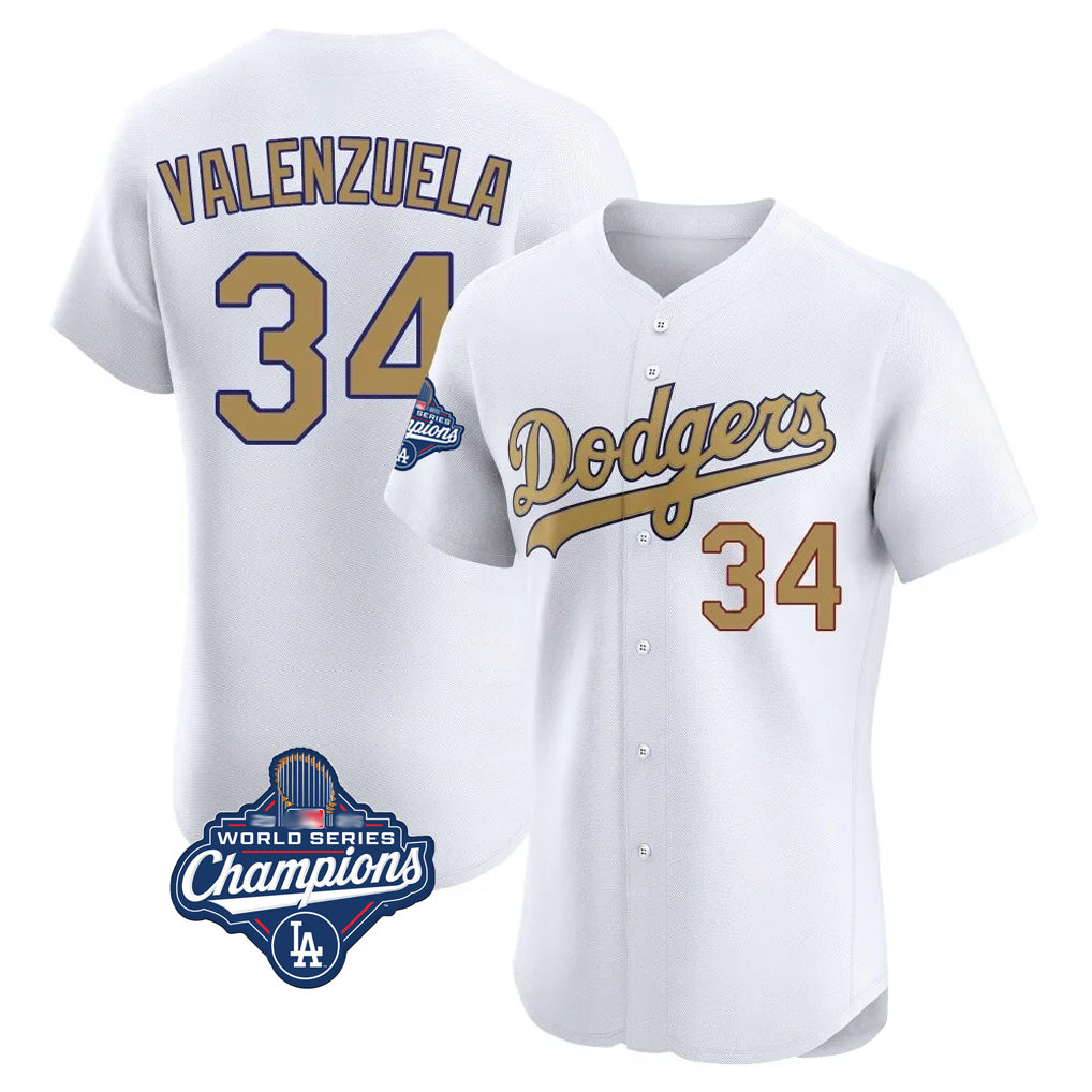 Yuxns LA.Dodgers #34 Fernando Valenzuela Player Gold World Series Meet Limited Elite Home Stitched Jerseys