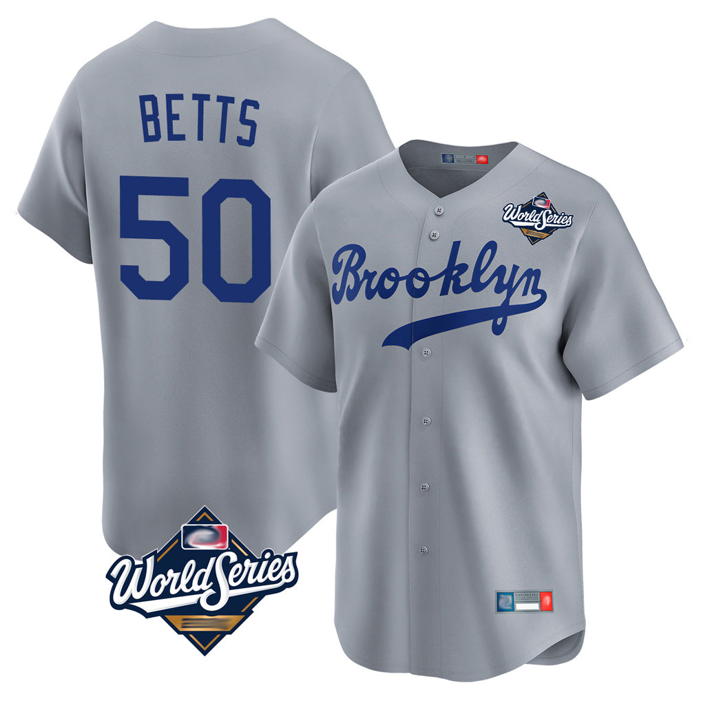 Yuxns LA.Dodgers #50 Mookie Betts Player Gray World Series Game Limited Home Stitched Jerseys