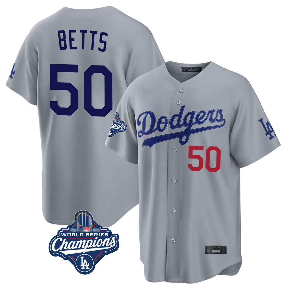 Yuxns LA.Dodgers #50 Mookie Betts Player Gray World Series Meet Game Home Stitched Jerseys