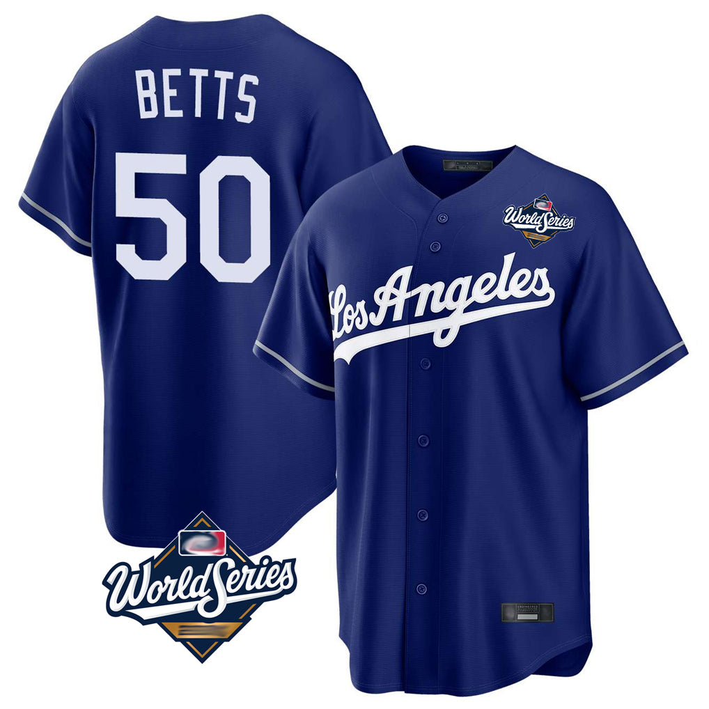 Yuxns LA.Dodgers #50 Mookie Betts Player Royal World Series Game Stitched Jerseys