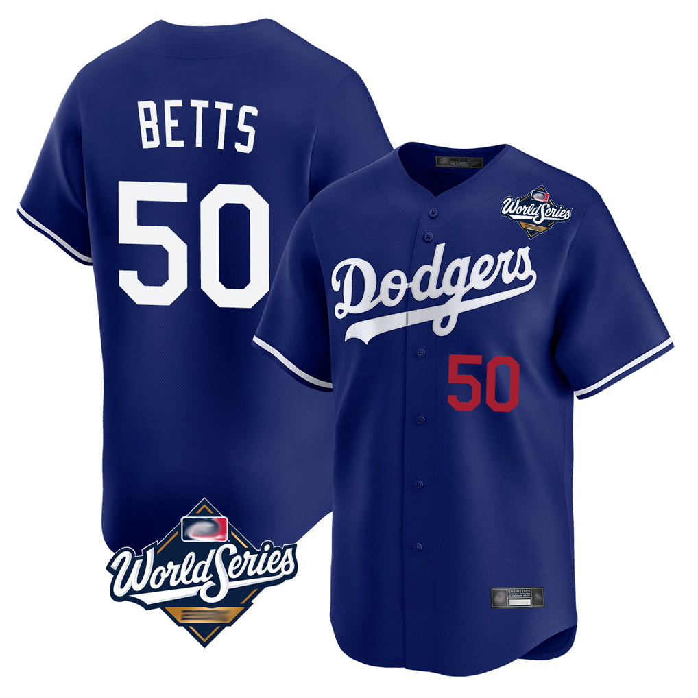 Yuxns LA.Dodgers #50 Mookie Betts Player Royal World Series Limited Home Stitched Jerseys