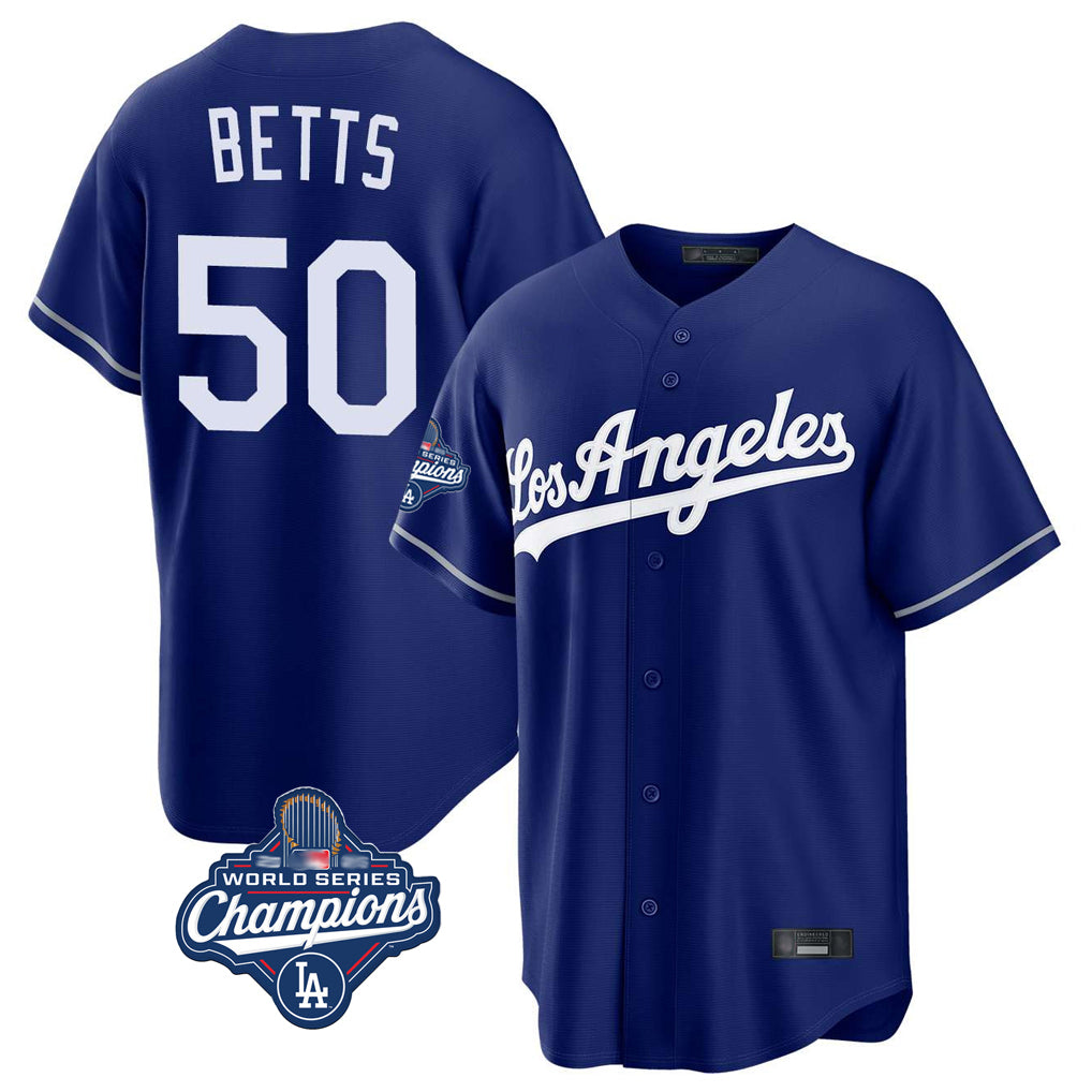Yuxns LA.Dodgers #50 Mookie Betts Player Royal World Series Meet Game Stitched Jerseys