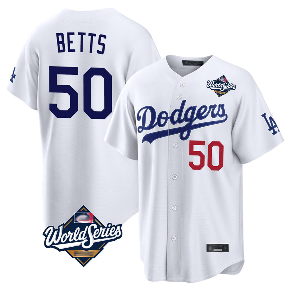 Yuxns LA.Dodgers #50 Mookie Betts Player White World Series Home Game Stitched Jerseys