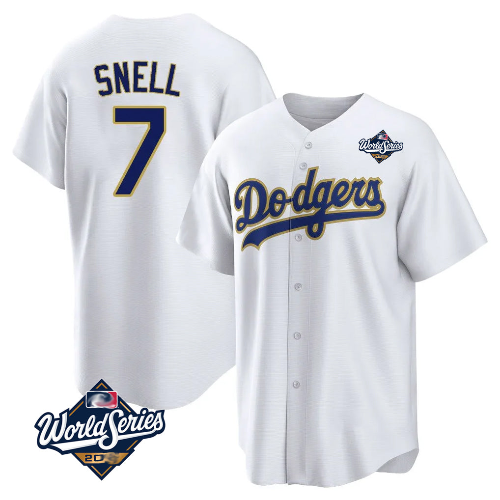 Yuxns LA.Dodgers #7 Blake Snell Player Gold White World Series Home Game Stitched Jerseys