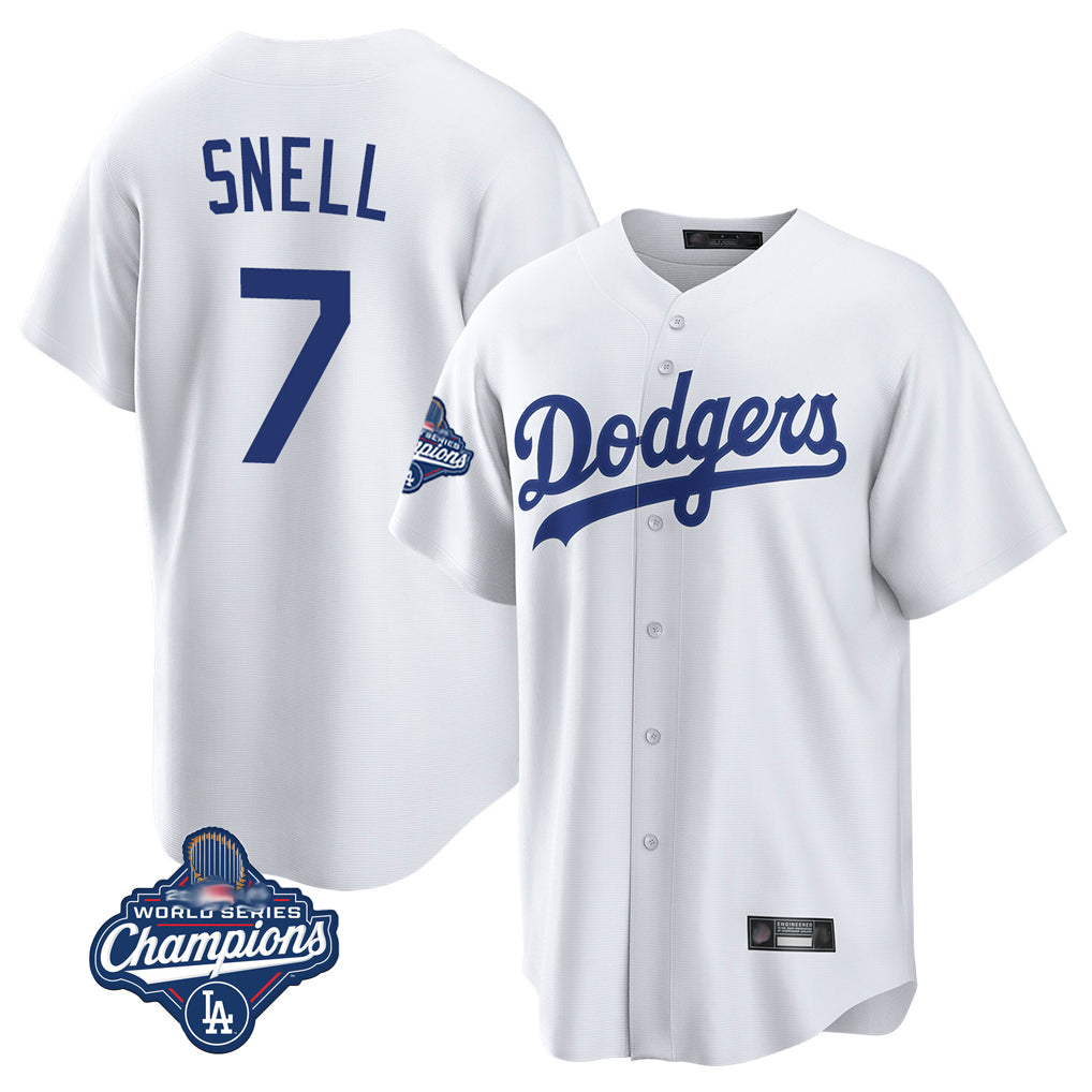 Yuxns LA.Dodgers #7 Blake Snell Player White Game World Series Meet Stitched Jerseys