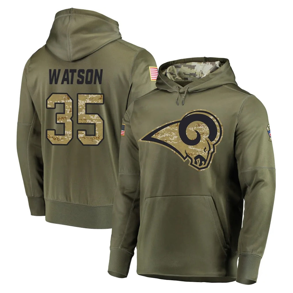 Yuxns LA.Rams #35 Jaylen Watson Player Olive Salute to Service Pullover Hoodies Home Game Stitched Jerseys