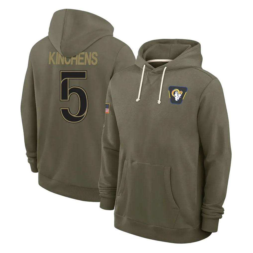 Yuxns LA.Rams #5 Kamren Kinchens Player Olive Salute to Service Pullover Hoodies Limited Stitched Jerseys