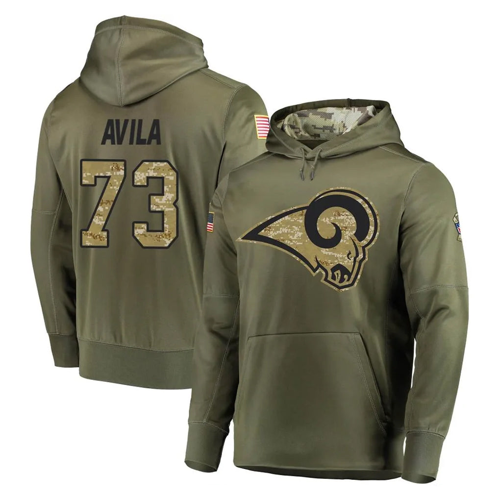 Yuxns LA.Rams #73 Steve Avila Player Olive Salute to Service Pullover Hoodies Home Game Stitched Jerseys