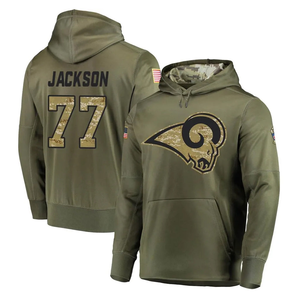 Yuxns LA.Rams #77 Alaric Jackson Player Olive Salute to Service Pullover Hoodies Home Game Stitched Jerseys