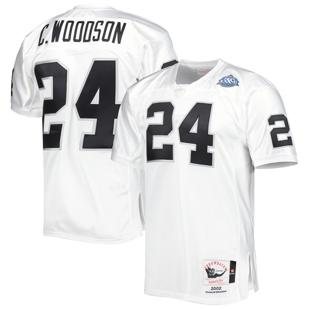 Yuxns LV.Raiders 2002 #24 Charles Woodson Mitchell & Ness White Authentic Throwback Retired Player Stitched Jerseys