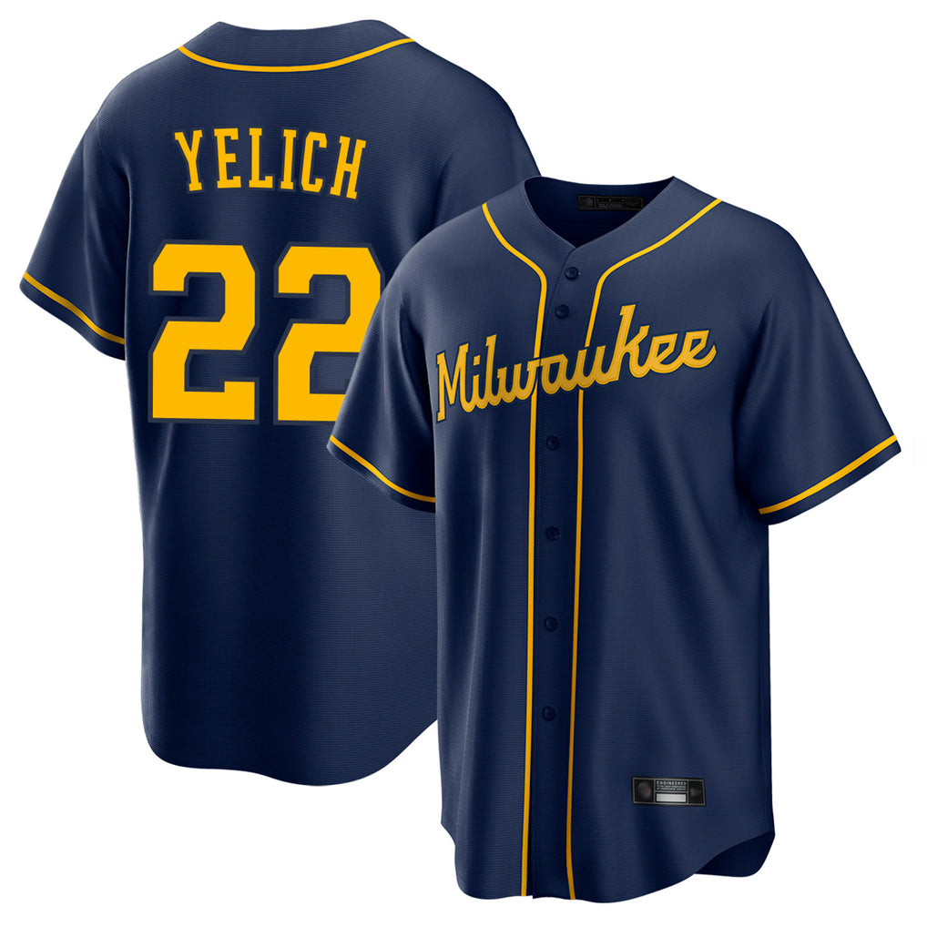 Yuxns M.Brewers #22 Christian Yelich Player Navy Home Game Stitched Jerseys