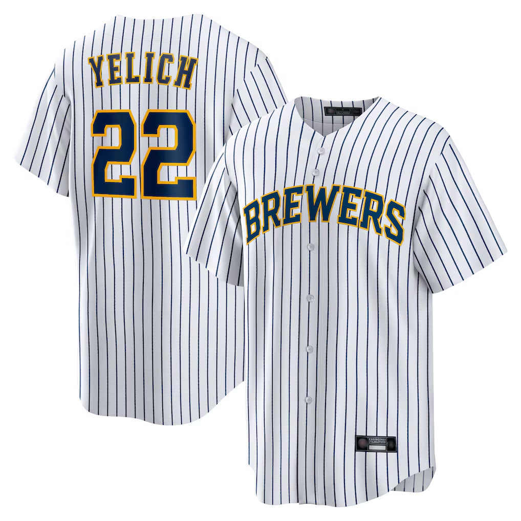 Yuxns M.Brewers #22 Christian Yelich Player White Stripes Home Game Stitched Jerseys