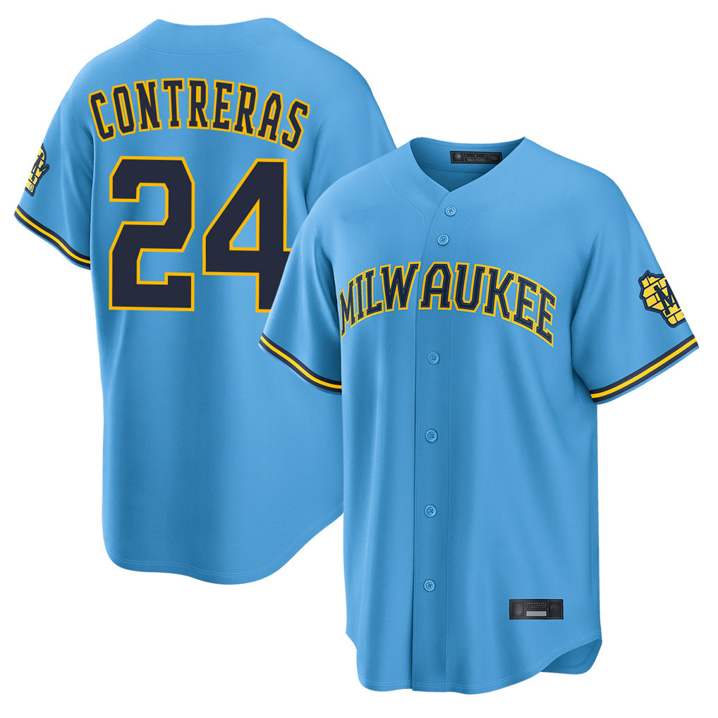 Yuxns M.Brewers #24 William Contreras Player Light Blue Road Stadium Game Stitched Jerseys