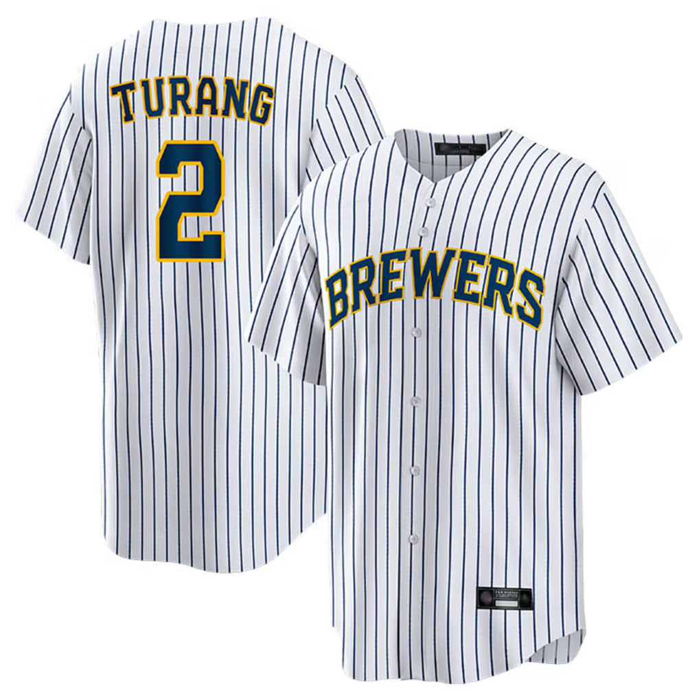 Yuxns M.Brewers #2 Brice Turang Player White Stripes Home Game Stitched Jerseys