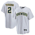 Yuxns M.Brewers #2 Brice Turang Player White Stripes Home Game Stitched Jerseys