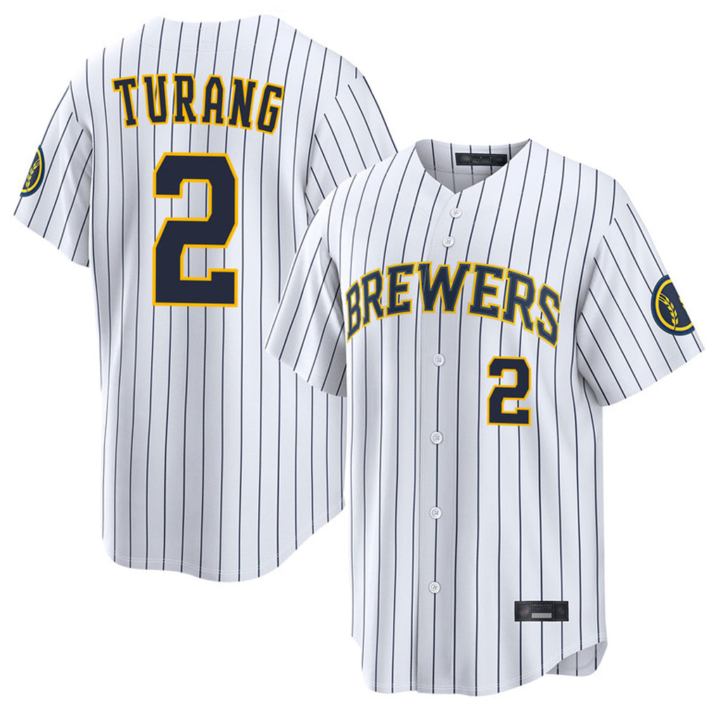 Yuxns M.Brewers #2 Brice Turang Player White Stripes Home Limited Game Stitched Jerseys