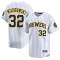 Yuxns M.Brewers #32 Jacob Misiorowski Player White Stripes Home Limited Game Stitched Jerseys