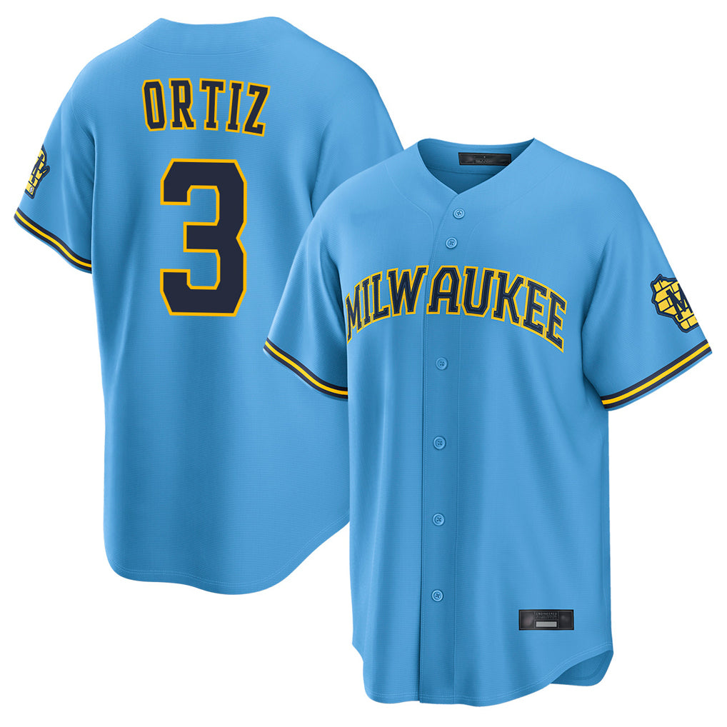Yuxns M.Brewers #3 Joey Ortiz Player Light Blue Road Stadium Game Stitched Jerseys