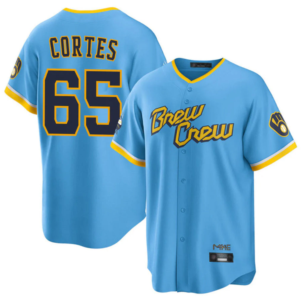 Yuxns M.Brewers #65 Nestor Cortes Player Light Blue City Connect Home Game Stitched Jerseys