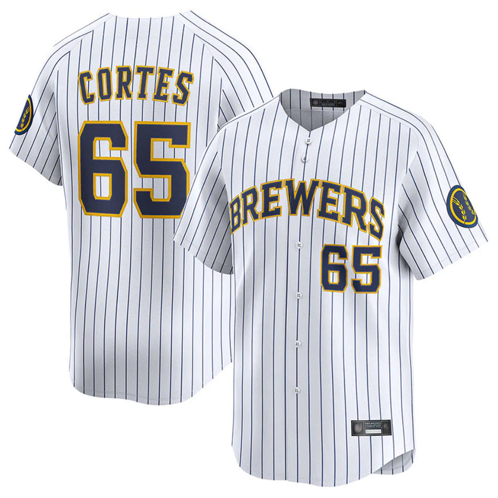 Yuxns M.Brewers #65 Nestor Cortes Player White Stripes Home Limited Game Stitched Jerseys