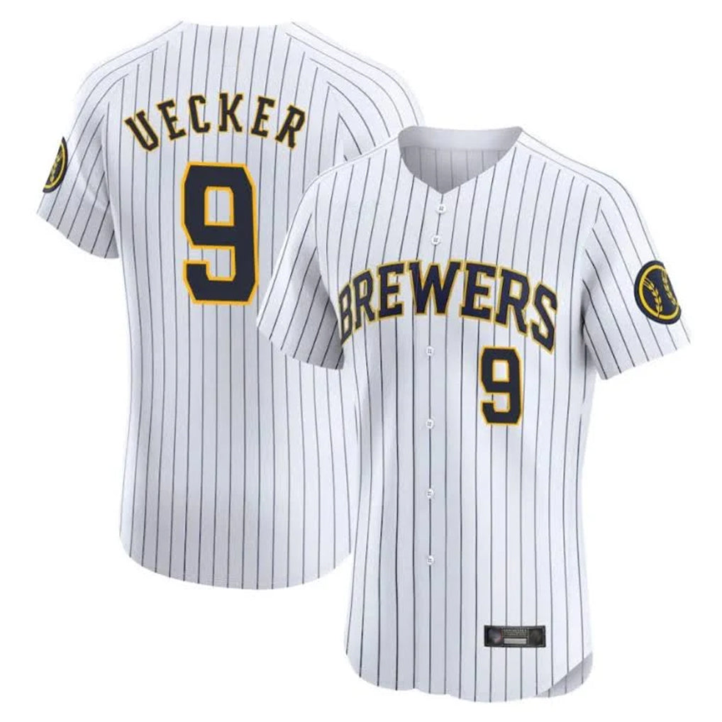Yuxns M.Brewers #9 Bob Uecker Player White Stripes Home Limited Elite Stitched Jerseys