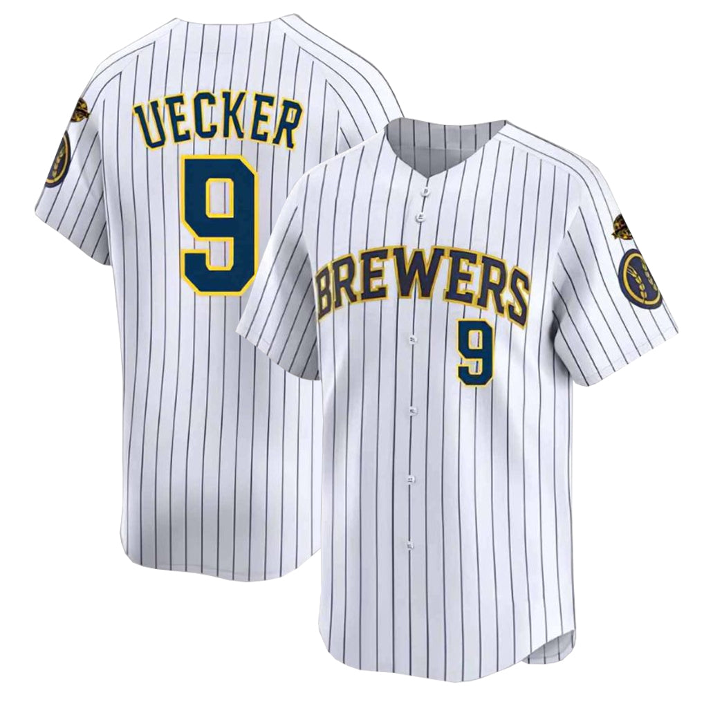 Yuxns M.Brewers #9 Bob Uecker Player White Stripes Home Limited Game Stitched Jerseys
