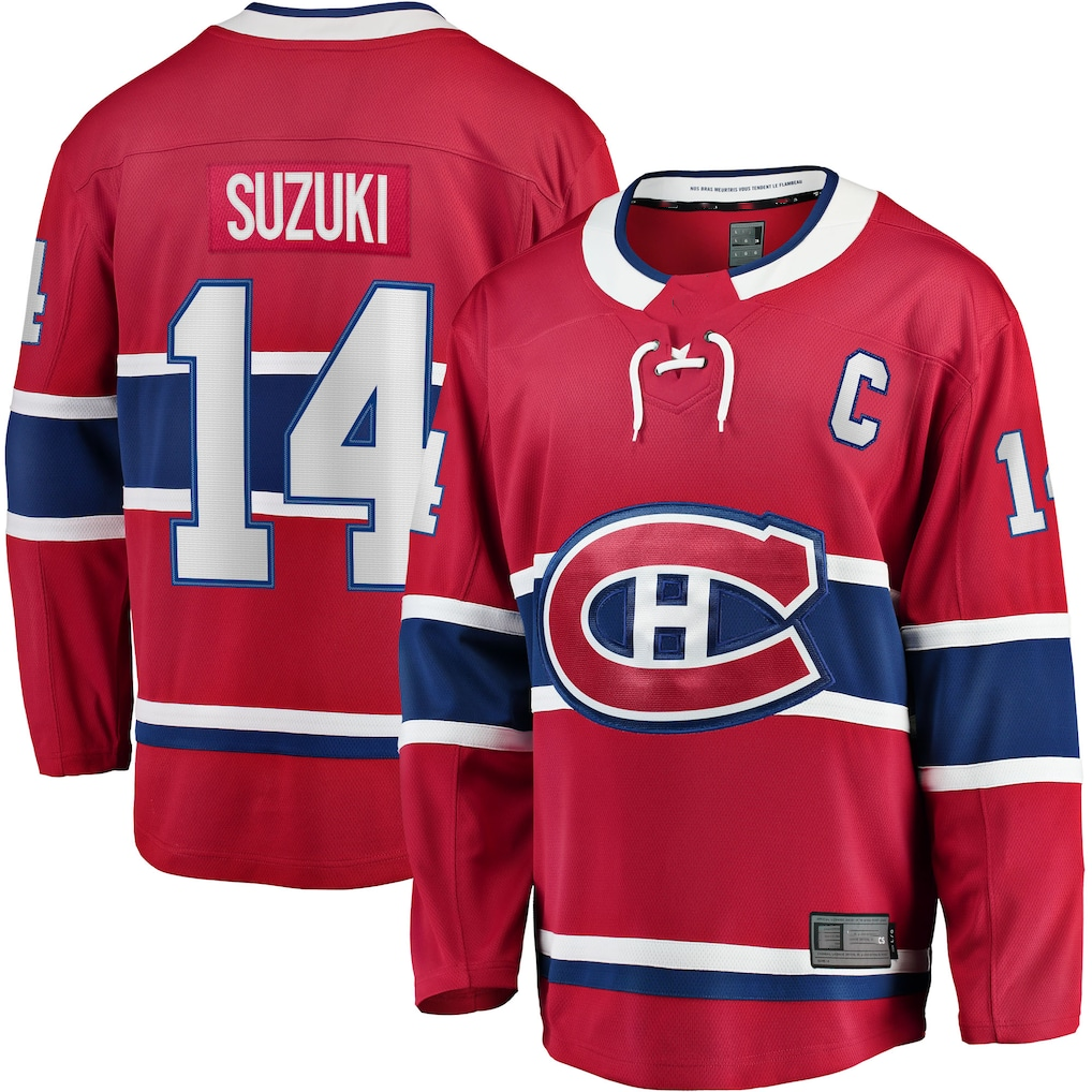 Yuxns M.Canadiens #14 Nick Suzuki Red Home Captain Patch Breakaway Player Jerseys