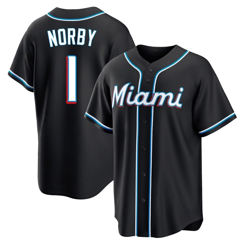 Yuxns M.Marlins #1 Connor Norby Player Black Fashion Out Home Game Stitched Jerseys