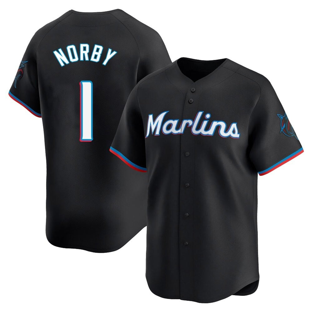 Yuxns M.Marlins #1 Connor Norby Player Black  Home Limited Stitched Jerseys