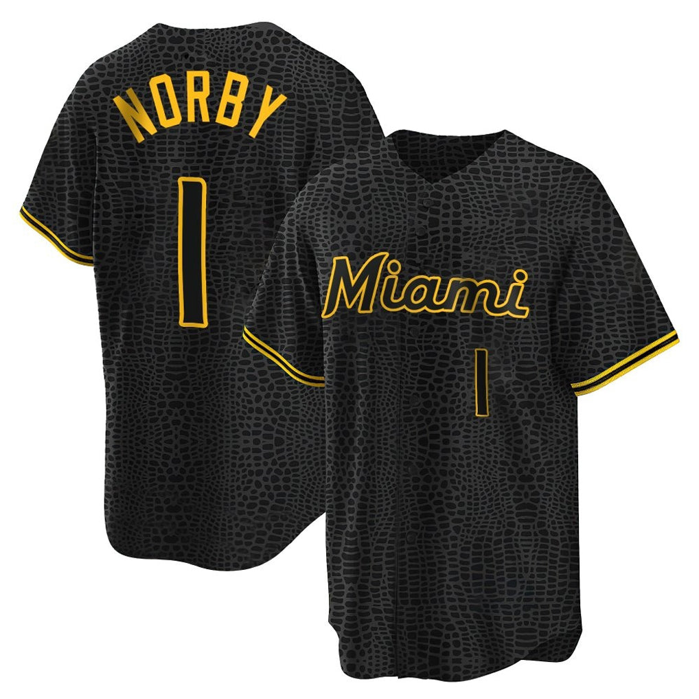 Yuxns M.Marlins #1 Connor Norby Player Black Snake Skin City Home Game Stitched Jerseys