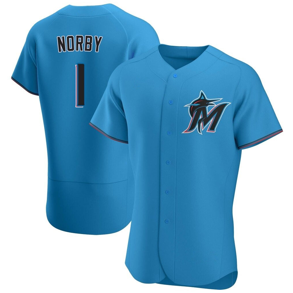 Yuxns M.Marlins #1 Connor Norby Player Blue Home Limited Elite Stitched Jerseys