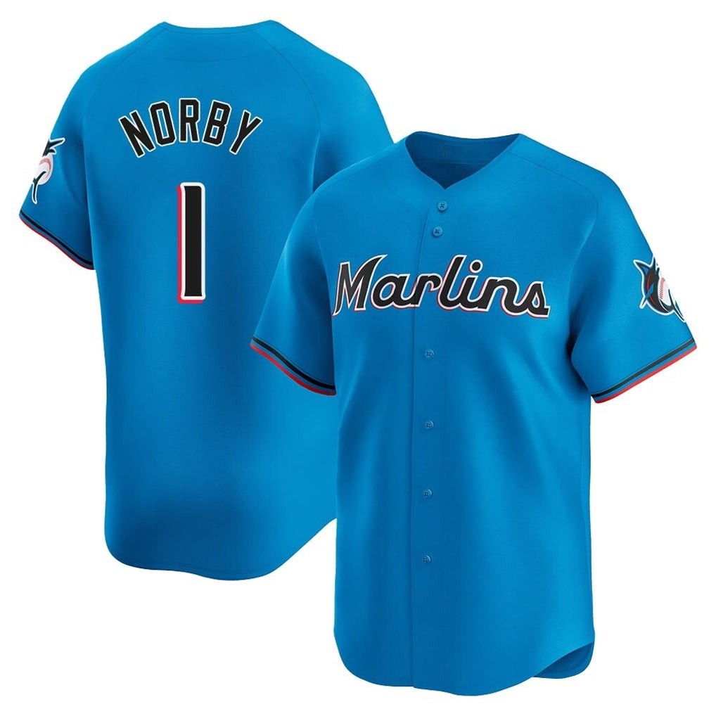 Yuxns M.Marlins #1 Connor Norby Player Blue Home Limited Stitched Jerseys