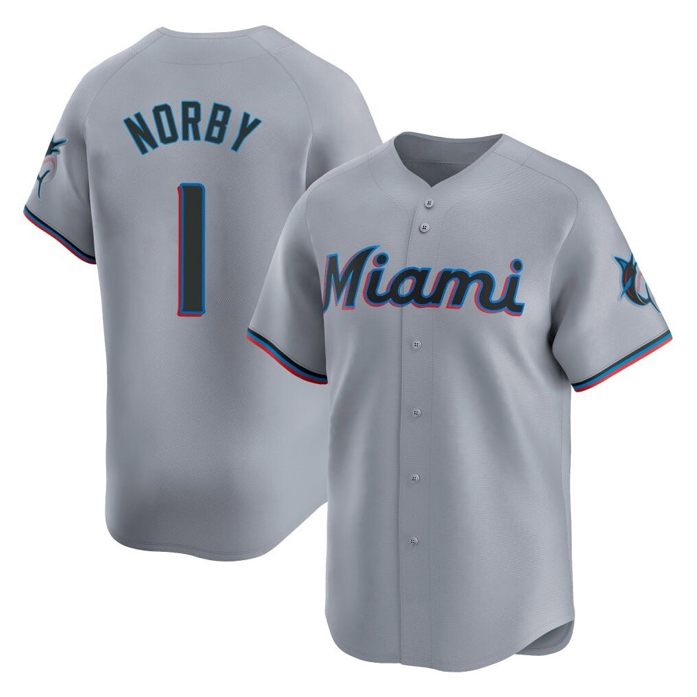 Yuxns M.Marlins #1 Connor Norby Player Gray Home Limited Stitched Jerseys