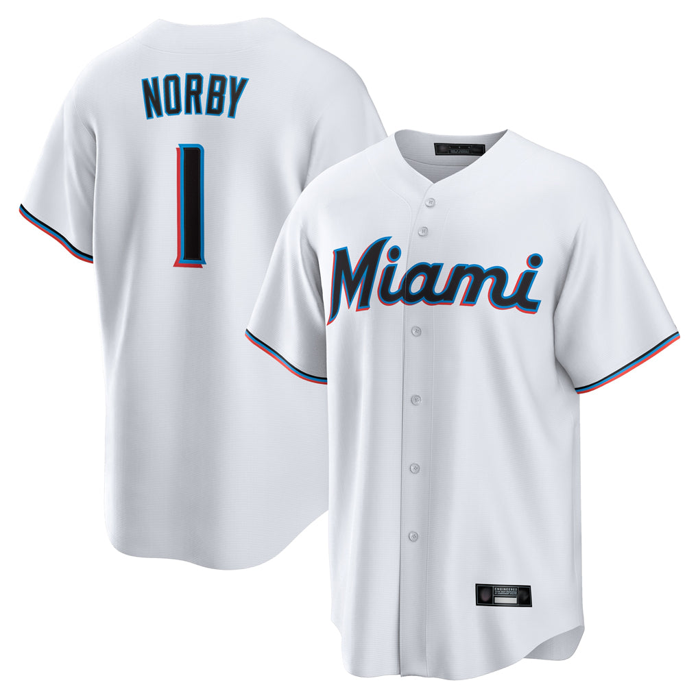 Yuxns M.Marlins #1 Connor Norby Player White  Home Game Stitched Jerseys