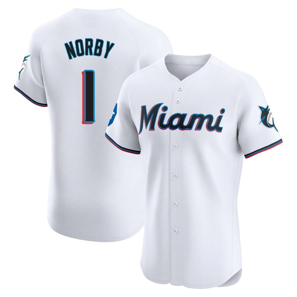 Yuxns M.Marlins #1 Connor Norby Player White  Home Limited Elite Stitched Jerseys