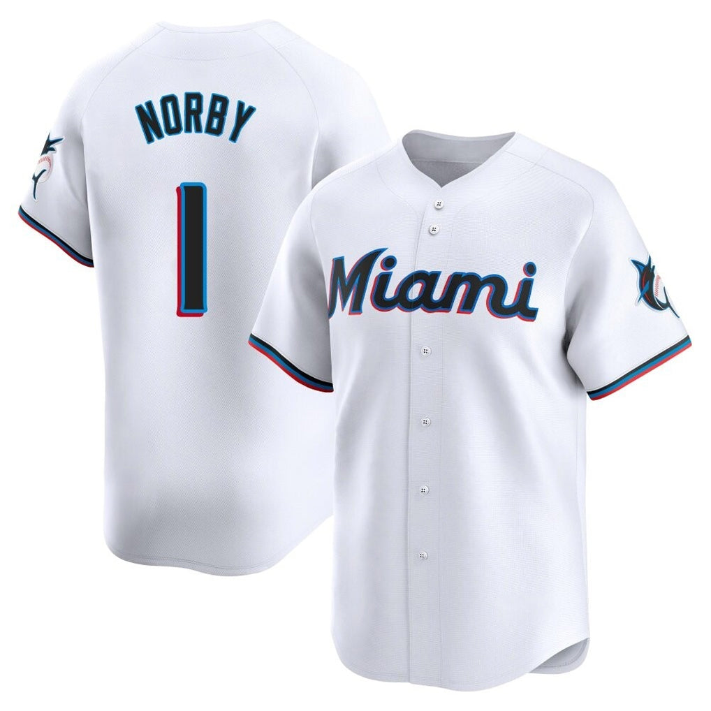 Yuxns M.Marlins #1 Connor Norby Player White  Home Limited Stitched Jerseys