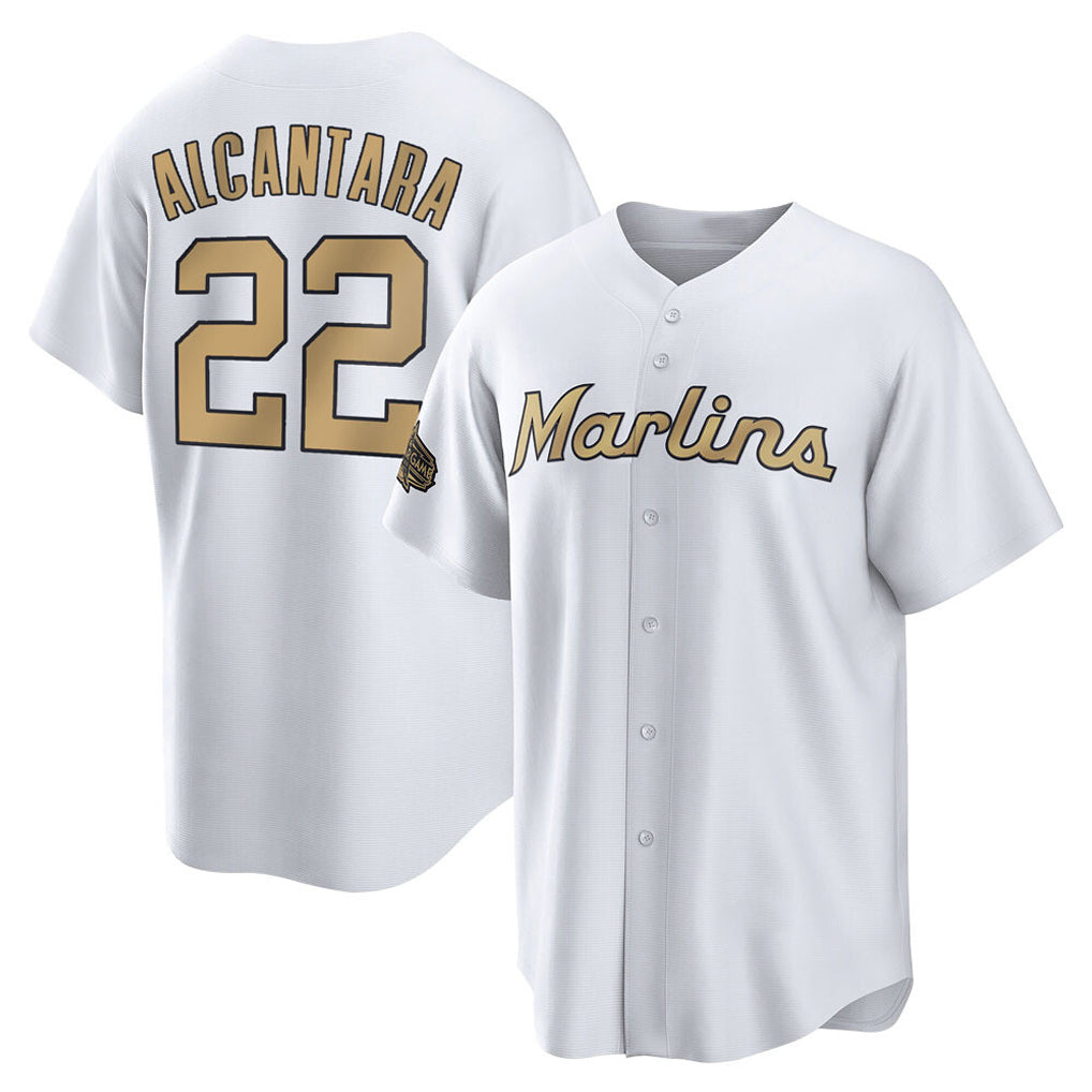 Yuxns M.Marlins #22 Sandy Alcantara Player Gold  Home Game Stitched Jerseys
