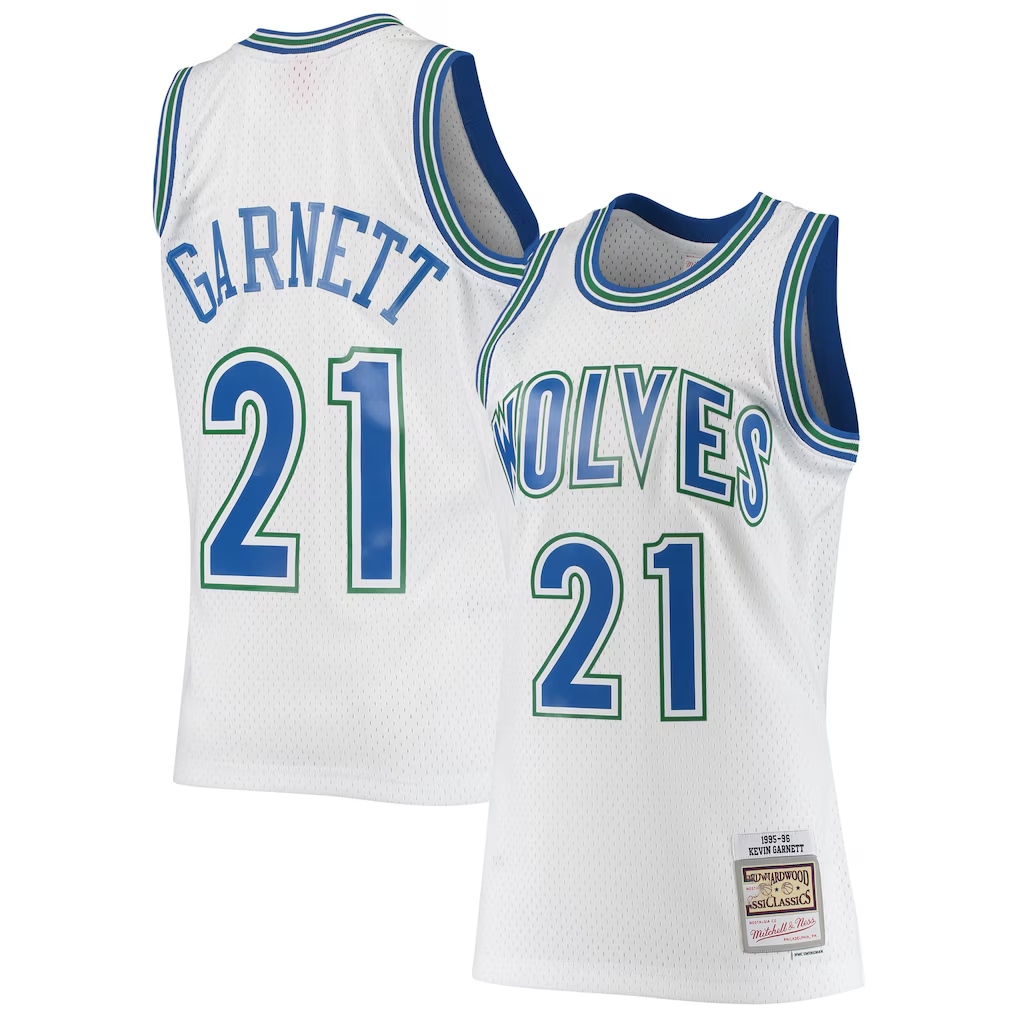 Yuxns M.Timberwolves #21 Kevin Garnett Mitchell & Ness White 199596 Hardwood Classics Swingman Stitched Jerseys