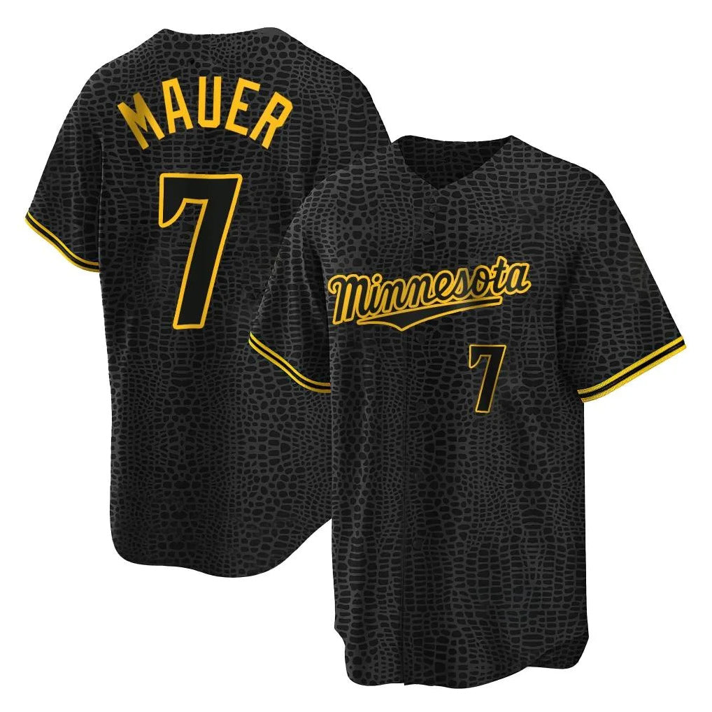 Yuxns M.Twins #7 Joe Mauer Player Black Snake Skin City Home Game Stitched Jerseys