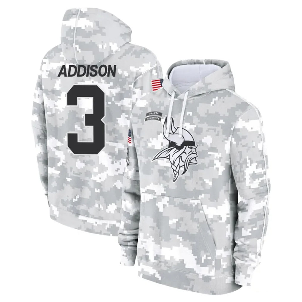 Yuxns M.Vikings #3 Jordan Addison Player Arctic Camo Salute to Service Pullover Hoodies Limited Game Stitched Jerseys
