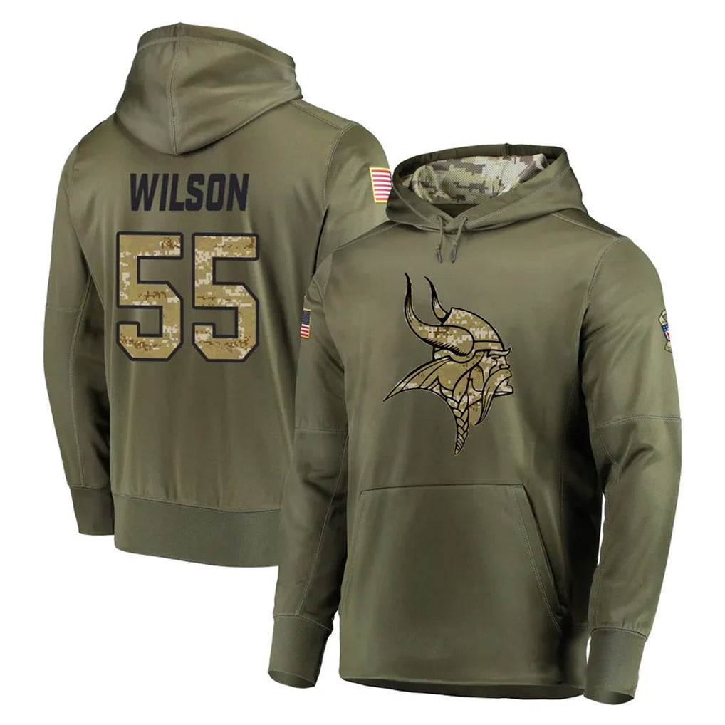 Yuxns M.Vikings #55 Eric Wilson Player Olive Salute to Service Pullover Hoodies Home Game Stitched Jerseys