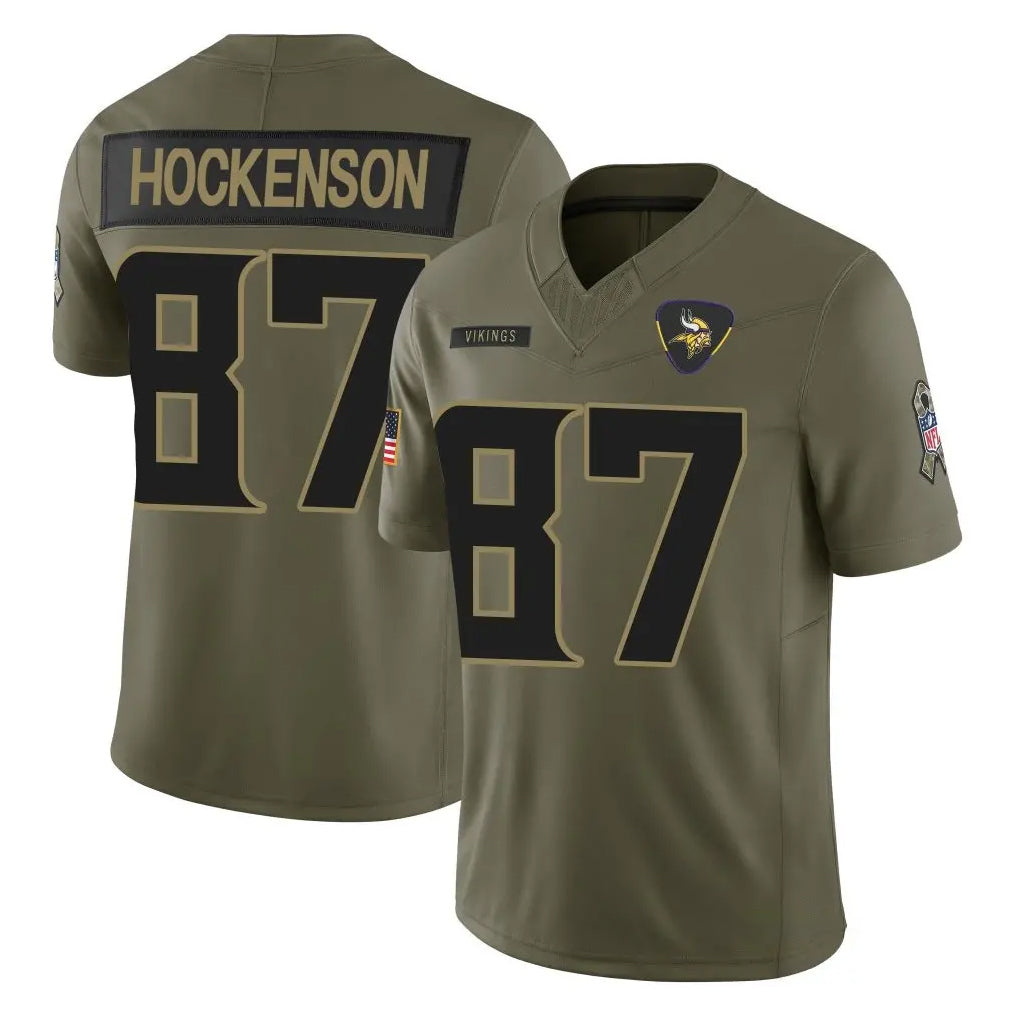 Yuxns M.Vikings #87 T.J. Hockenson Player Olive 2025 Salute To Service Limited Game Stitched Jerseys