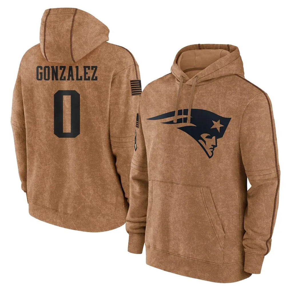 Yuxns NE.Patriots #0 Christian Gonzalez Player Brown Salute to Service Pullover Hoodies Limited Game Stitched Jerseys