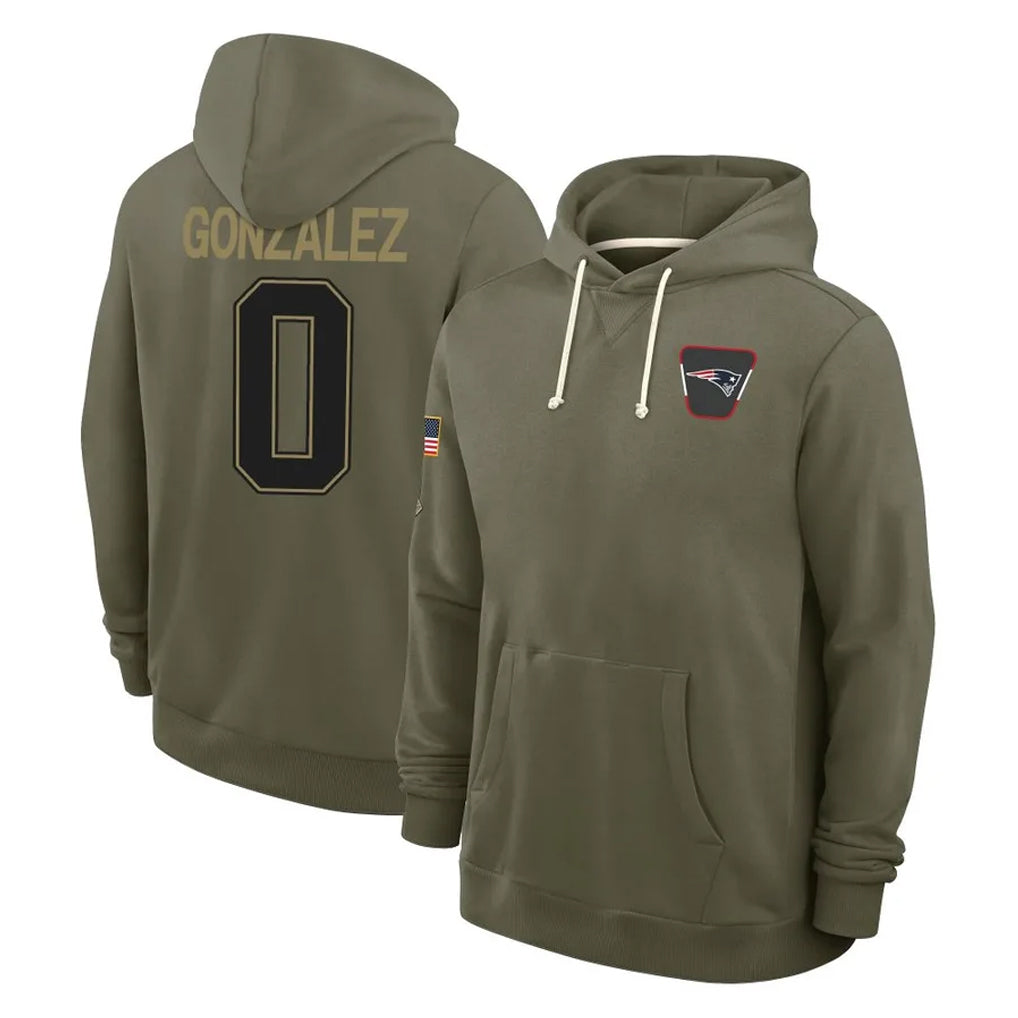 Yuxns NE.Patriots #0 Christian Gonzalez Player Olive Salute to Service Pullover Hoodies Limited Stitched Jerseys