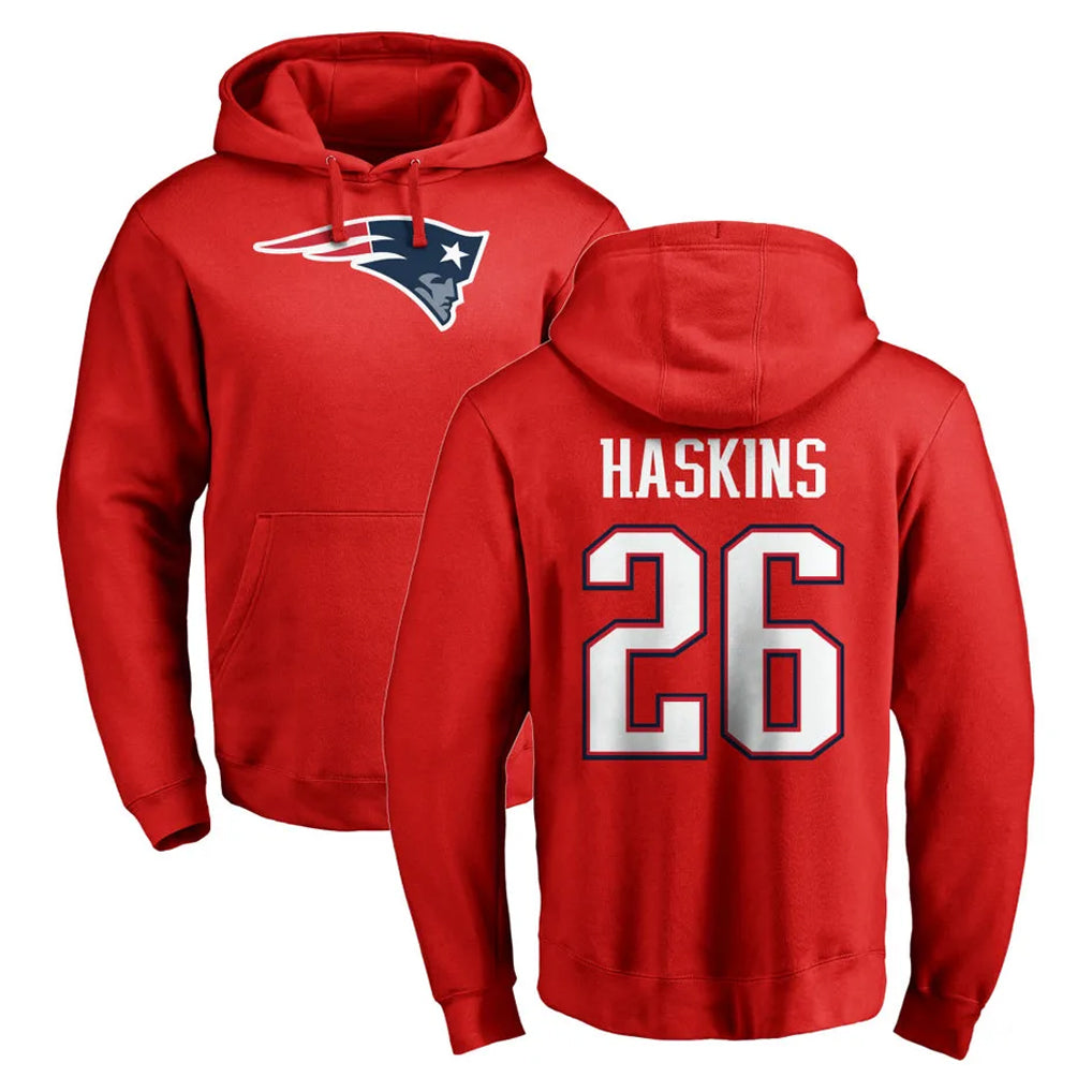 Yuxns NE.Patriots #26 Hassan Haskins Player Red LOGO Pullover Hoodies Home Game Stitched Jerseys